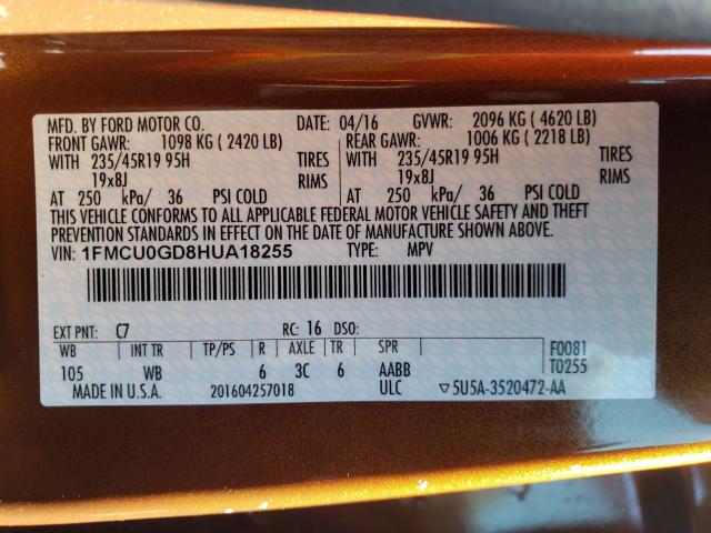 Photo 10 from auction – 2017 FORD ESCAPE SE with VIN 1FMCU0GD8HUA18255