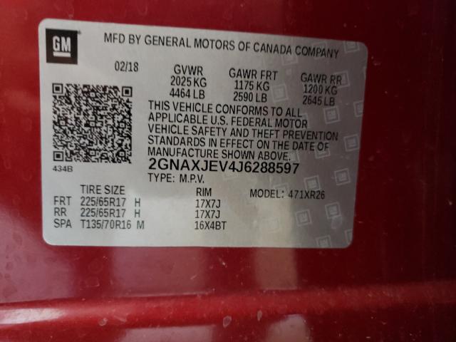 Photo 10 from auction – 2018 CHEVROLET EQUINOX LT with VIN 2GNAXJEV4J6288597