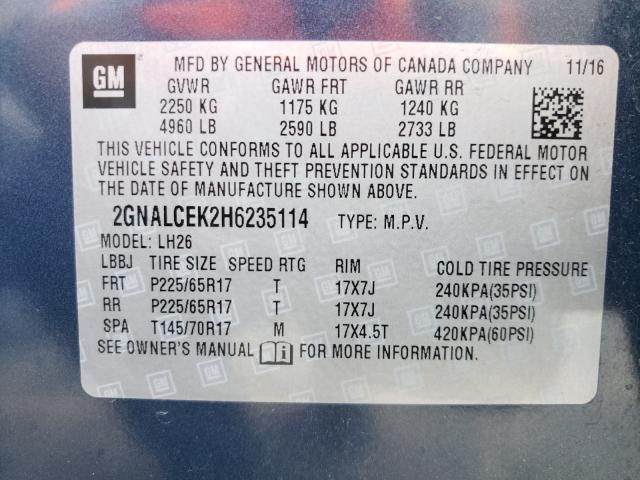 Photo 10 from auction – 2017 CHEVROLET EQUINOX LT with VIN 2GNALCEK2H6235114