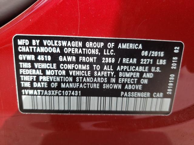 Photo 10 from auction – 2015 VOLKSWAGEN PASSAT with VIN 1VWAT7A3XFC107431