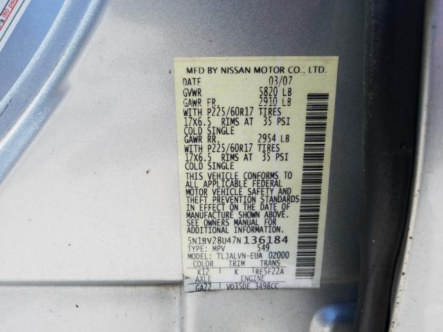 Photo 10 from auction – 2007 NISSAN QUEST S with VIN 5N1BV28U47N136184