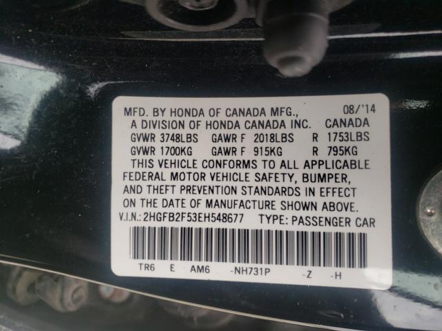 Photo 10 from auction – 2014 HONDA CIVIC LX with VIN 2HGFB2F53EH548677