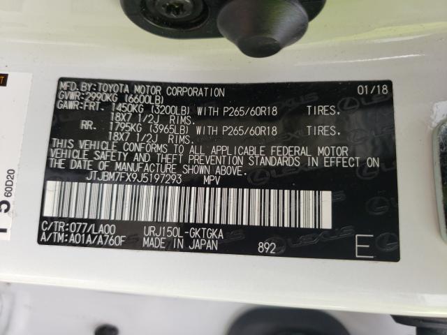 Photo 10 from auction – 2018 LEXUS GX 460 with VIN JTJBM7FX9J5197293