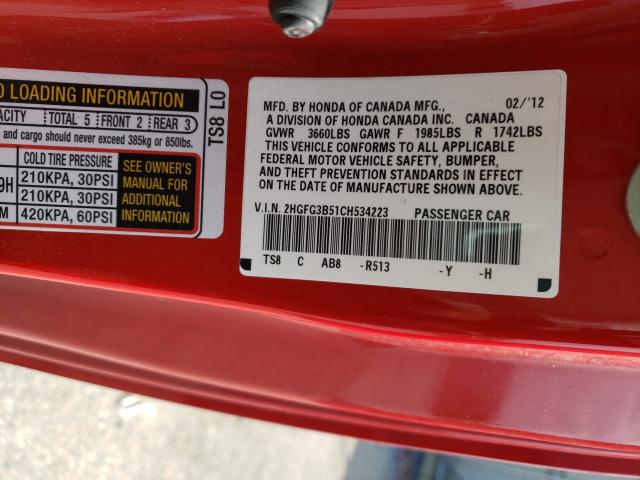 Photo 10 from auction – 2012 HONDA CIVIC with VIN 2HGFG3B51CH534223
