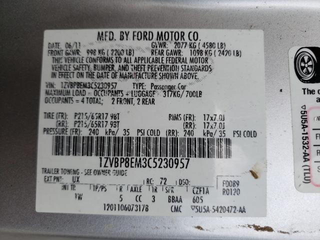 Photo 10 from auction – 2012 FORD MUSTANG with VIN 1ZVBP8EM3C5230957