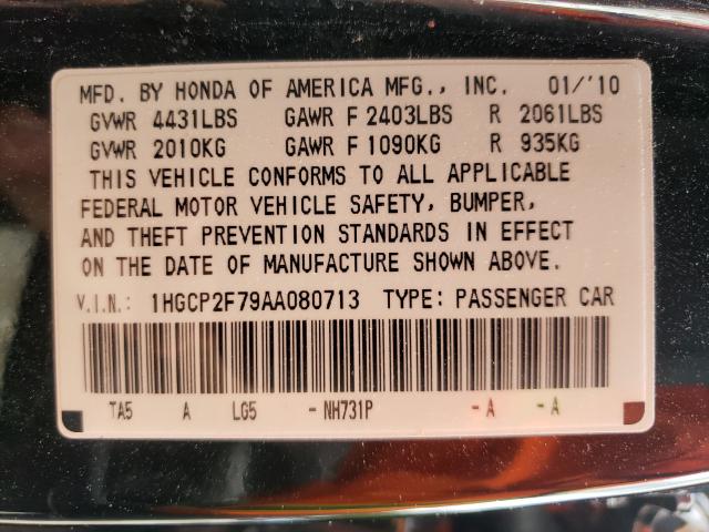 Photo 10 from auction – 2010 HONDA ACCORD EX with VIN 1HGCP2F79AA080713