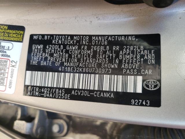 Photo 10 from auction – 2006 TOYOTA CAMRY with VIN 4T1BE32K86U730973