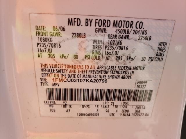Photo 10 from auction – 2007 FORD ESCAPE XLT with VIN 1FMCU03107KA20796