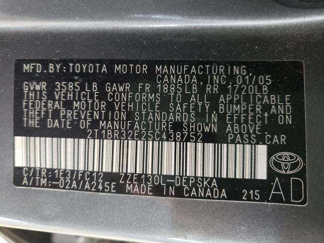 Photo 10 from auction – 2005 TOYOTA COROLLA CE with VIN 2T1BR32E25C438752
