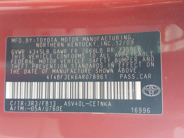 Photo 10 from auction – 2010 TOYOTA CAMRY BASE with VIN 4T4BF3EK6AR078961