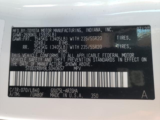 Photo 10 from auction – 2020 TOYOTA HIGHLANDER with VIN 5TDDZRBH9LS040657