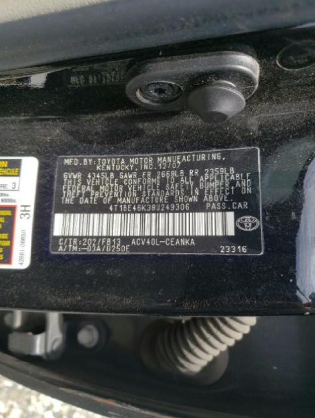 Photo 10 from auction – 2008 TOYOTA CAMRY CE with VIN 4T1BE46K38U249306