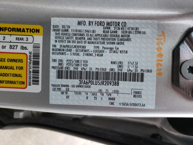 Photo 10 from auction – 2018 FORD FUSION SE with VIN 3FA6P0LU5JR209388