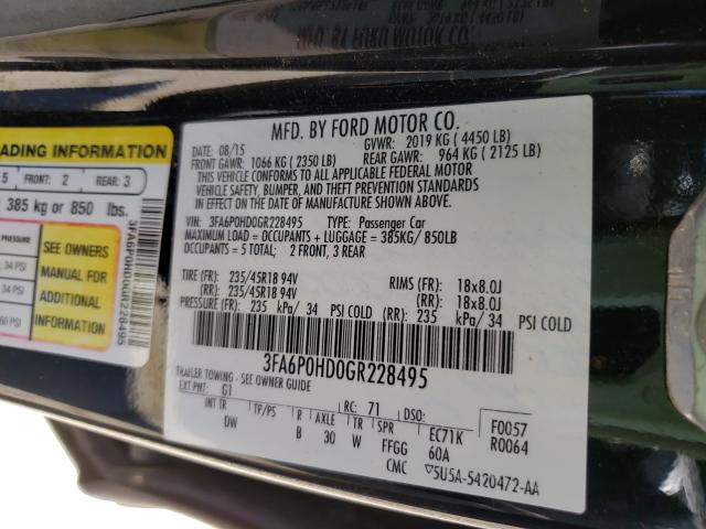 Photo 10 from auction – 2016 FORD FUSION SE with VIN 3FA6P0HD0GR228495