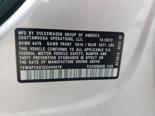Photo 10 from auction – 2013 VOLKSWAGEN PASSAT S with VIN 1VWAP7A31DC049016