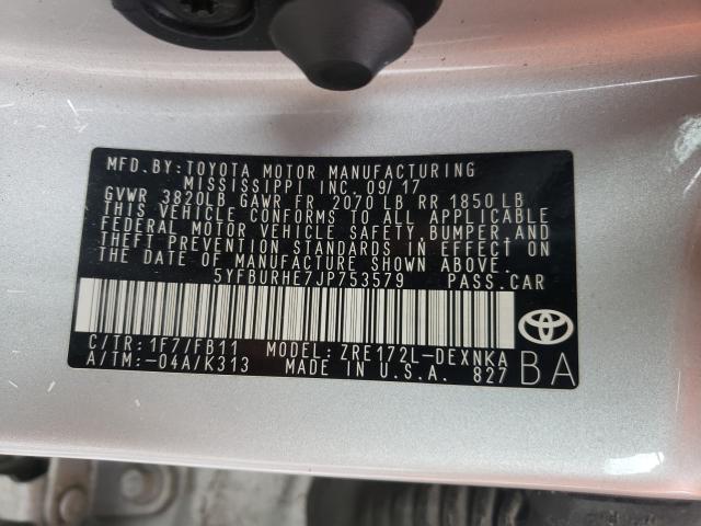 Photo 10 from auction – 2018 TOYOTA COROLLA L with VIN 5YFBURHE7JP753579