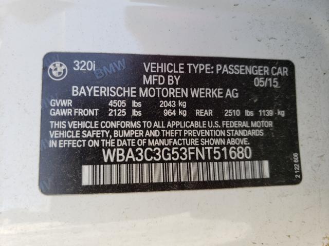Photo 10 from auction – 2015 BMW 320 I XDRI with VIN WBA3C3G53FNT51680