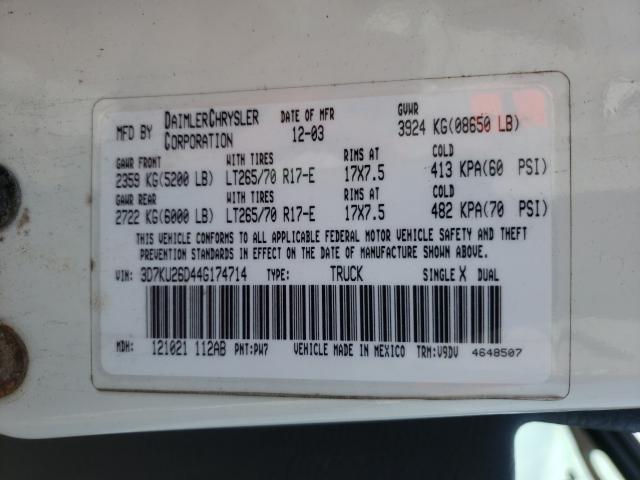 Photo 10 from auction – 2004 DODGE RAM 2500 S with VIN 3D7KU26D44G174714