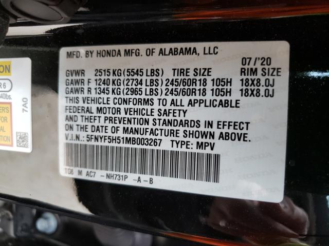 Photo 10 from auction – 2021 HONDA PILOT EXL with VIN 5FNYF5H51MB003267