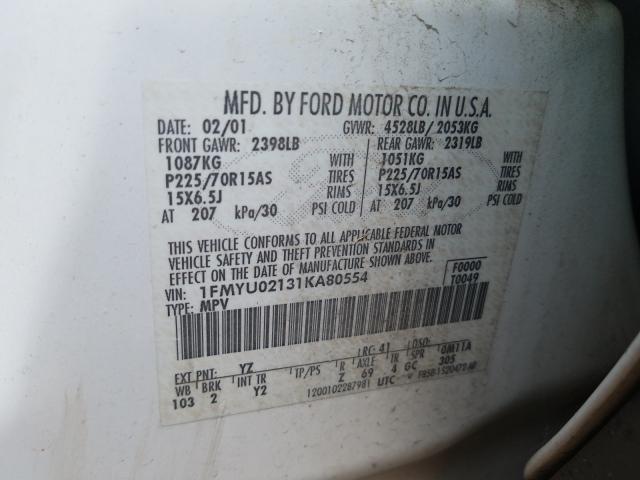 Photo 10 from auction – 2001 FORD ESCAPE XLS with VIN 1FMYU02131KA80554
