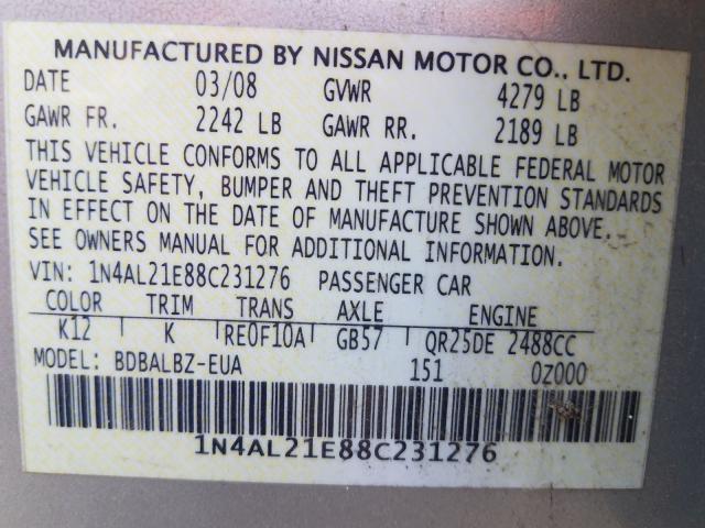 Photo 10 from auction – 2008 NISSAN ALTIMA with VIN 1N4AL21E88C231276