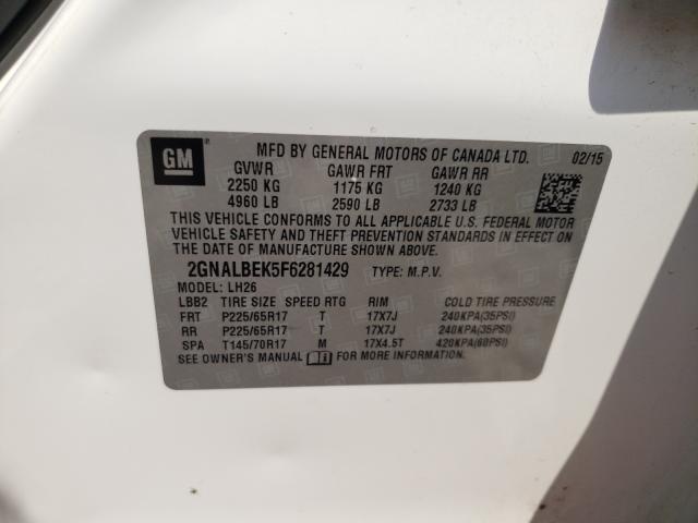 Photo 10 from auction – 2015 CHEVROLET EQUINOX LT with VIN 2GNALBEK5F6281429
