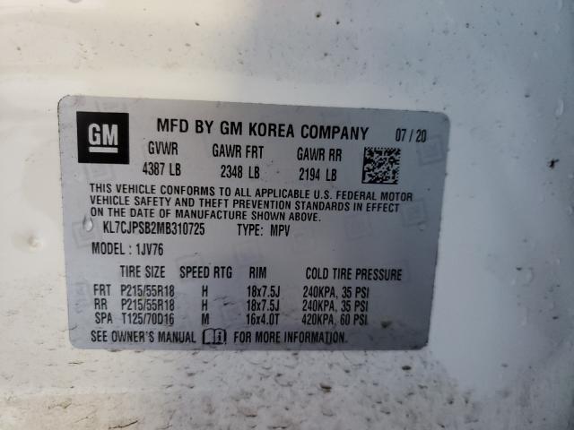 Photo 10 from auction – 2021 CHEVROLET TRAX 1LT with VIN KL7CJPSB2MB310725