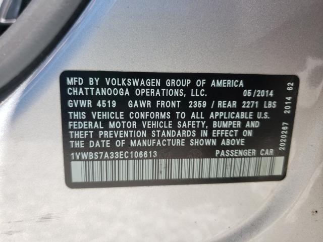 Photo 10 from auction – 2014 VOLKSWAGEN PASSAT SE with VIN 1VWBS7A33EC106613