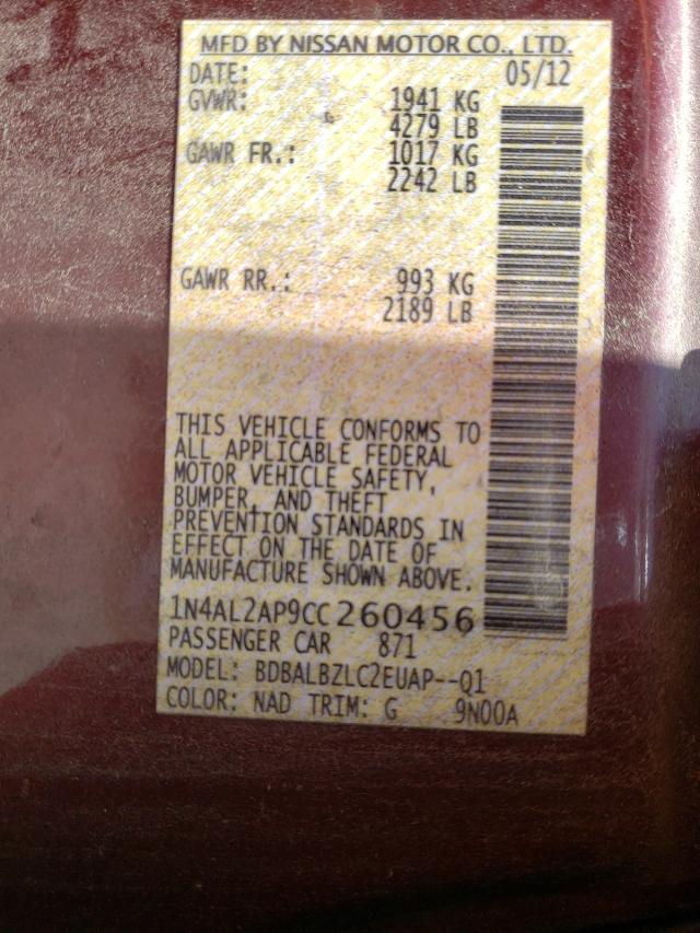 Photo 10 from auction – 2012 NISSAN ALTIMA BAS with VIN 1N4AL2AP9CC260456