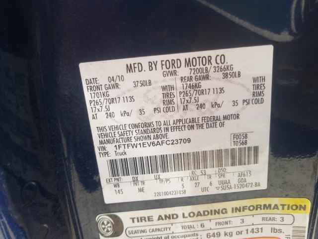Photo 10 from auction – 2010 FORD F150 SUPER with VIN 1FTFW1EV6AFC23709