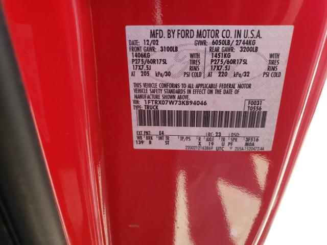 Photo 10 from auction – 2003 FORD F150 with VIN 1FTRX07W73KB94046