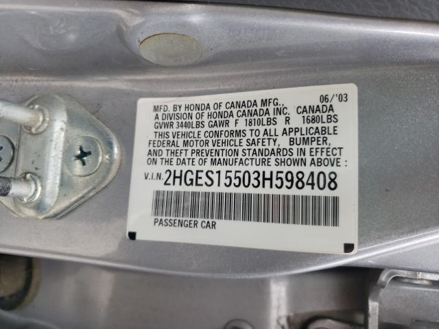 Photo 10 from auction – 2003 HONDA CIVIC LX with VIN 2HGES15503H598408