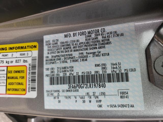 Photo 10 from auction – 2020 FORD FUSION S with VIN 3FA6P0G72LR197840