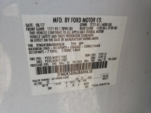 Photo 10 from auction – 2018 FORD FLEX SE with VIN 2FMGK5B86JBA04638