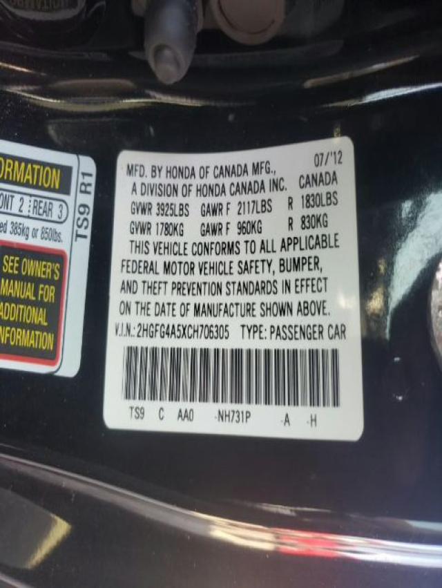 Photo 10 from auction – 2012 HONDA CIVIC SI with VIN 2HGFG4A5XCH706305