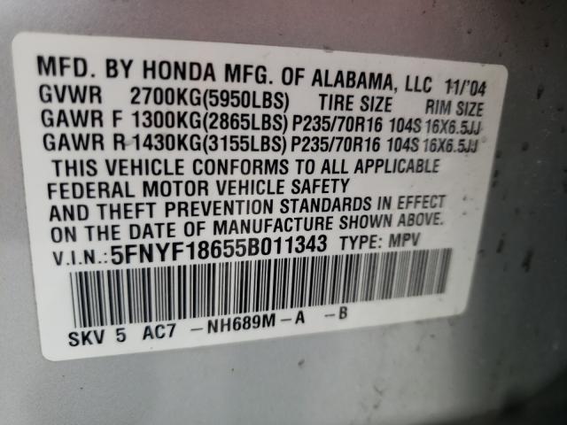 Photo 10 from auction – 2005 HONDA PILOT EXL with VIN 5FNYF18655B011343