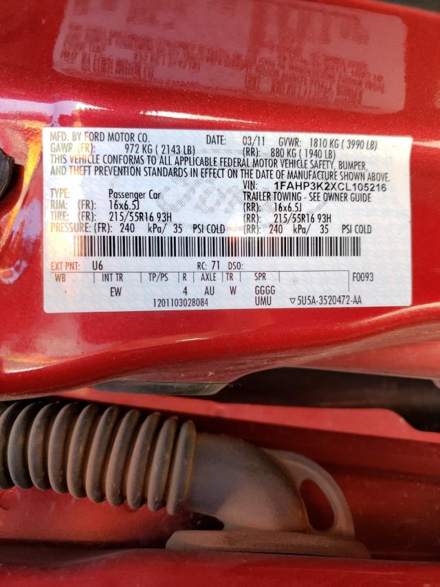 Photo 10 from auction – 2012 FORD FOCUS SE with VIN 1FAHP3K2XCL105216