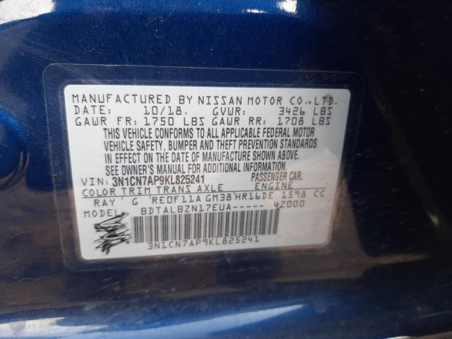 Photo 10 from auction – 2019 NISSAN VERSA S with VIN 3N1CN7AP9KL825241