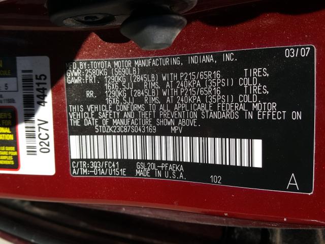 Photo 10 from auction – 2007 TOYOTA SIENNA CE with VIN 5TDZK23C87S043169