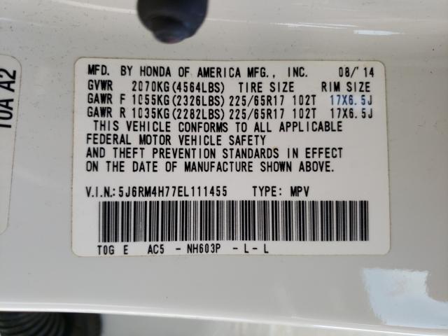 Photo 10 from auction – 2014 HONDA CR-V EXL with VIN 5J6RM4H77EL111455