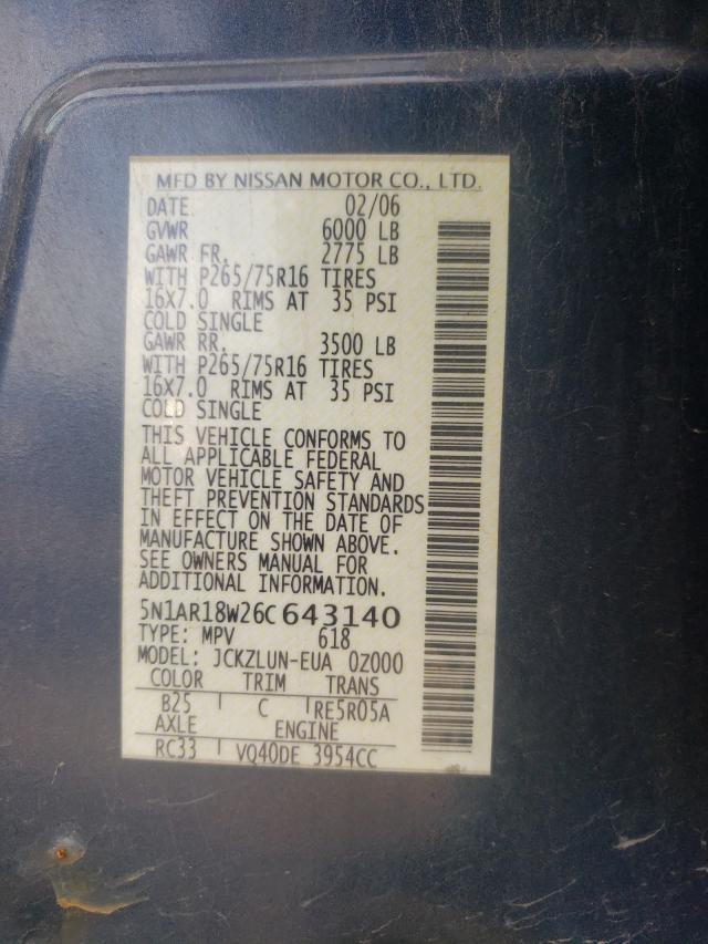 Photo 10 from auction – 2006 NISSAN PATHFINDER with VIN 5N1AR18W26C643140