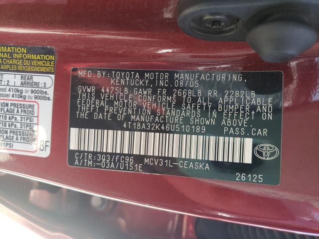 Photo 10 from auction – 2006 TOYOTA CAMRY with VIN 4T1BA32K46U510189
