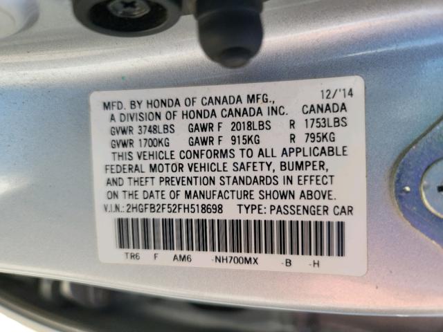 Photo 10 from auction – 2015 HONDA CIVIC LX with VIN 2HGFB2F52FH518698
