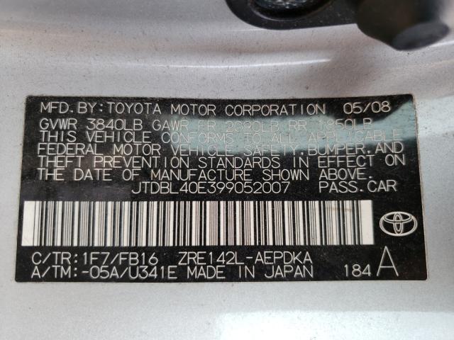 Photo 10 from auction – 2009 TOYOTA COROLLA BA with VIN JTDBL40E399052007