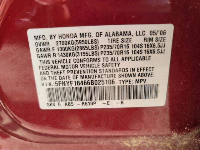 Photo 10 from auction – 2006 HONDA PILOT EX with VIN 5FNYF18466B025106