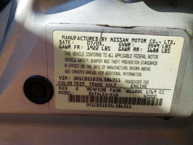 Photo 10 from auction – 2005 NISSAN SENTRA 1.8 with VIN 3N1CB51D35L586311