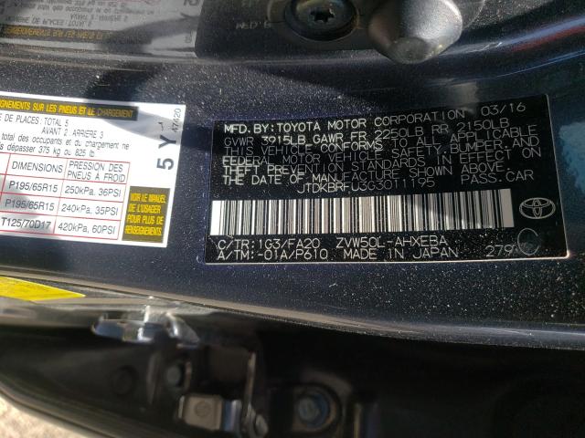 Photo 10 from auction – 2016 TOYOTA PRIUS with VIN JTDKBRFU3G3011195