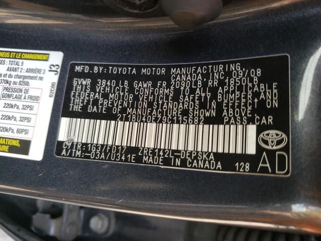 Photo 10 from auction – 2009 TOYOTA COROLLA BA with VIN 2T1BU40E79C115682