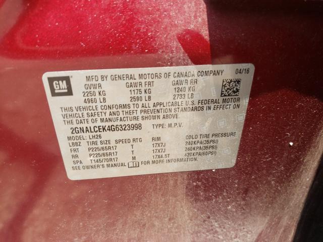 Photo 10 from auction – 2016 CHEVROLET EQUINOX LT with VIN 2GNALCEK4G6323998