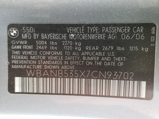 Photo 10 from auction – 2007 BMW 550 I with VIN WBANB535X7CN93702
